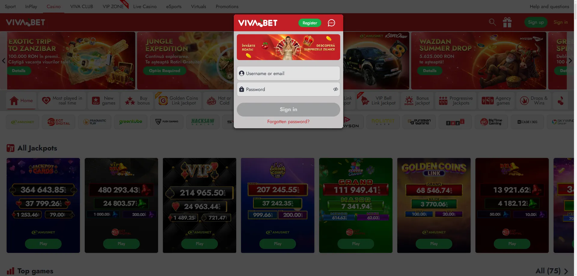 Formulario de inicio de sesión y registro en VIVABET Casino México